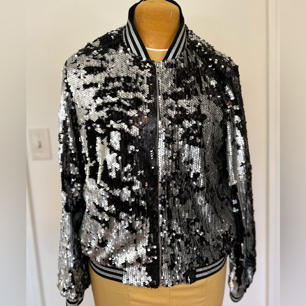 Silver gray and black sequin bomber jacket—like new!